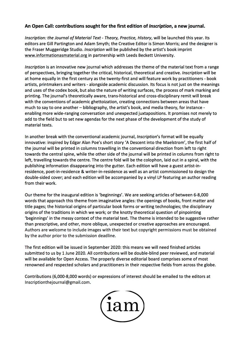 inscription_jnl's tweet photo. The first issue of Inscription is taking shape &amp; it’s all getting very exciting. We’ve had some brilliant proposals already but there’s still time to contribute. Closing date: 1 June. Please spread our CFP far and wide! #materialtexts #bookhistory #thingstodoinlockdown https://t.co/Bhya1kjpps