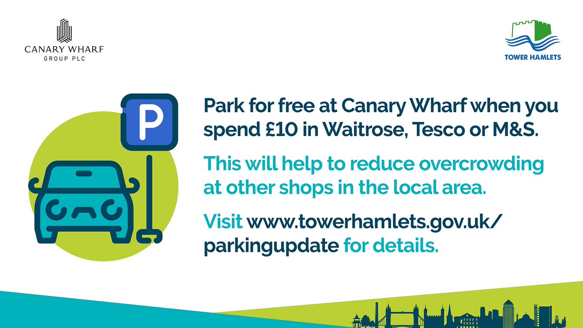 As part of our coronavirus response, we've worked with @CanaryWharfGrp to help residents access food stores on the wharf. From Thursday, shoppers will be able to get two hours of free parking (three at weekends) when they spend £10 in one of three stores. #TowerHamletsTogether