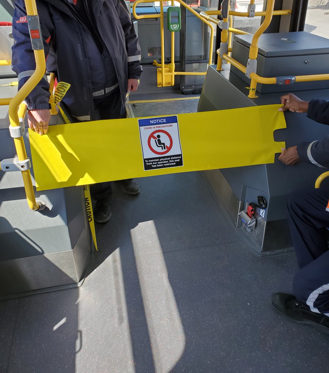TTCNewsroom's tweet photo. Starting today, #TTC customers will see thick vinyl collapsible aisle barriers on our buses. They provide extra comfort and security for operators while being removable to allow for accessible front door boarding/exiting. Our staff are making and installing 150 a day. https://t.co/YofF9gwHl8
