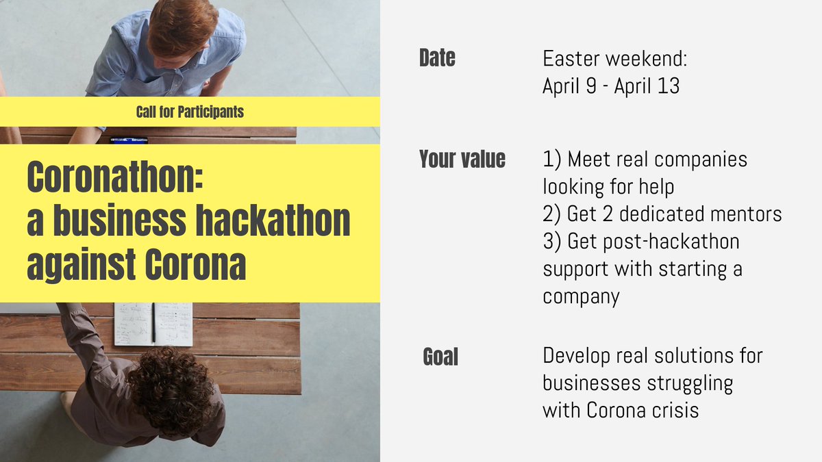 TechMeMunich's tweet image. Tomorrow we are organizing a business hackathon against #Corona. Come and solve the challenges that companies are facing! Register now: coronathon.tech