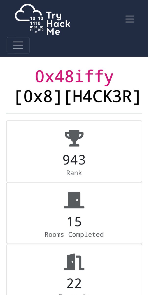 thebitdoodler's tweet photo. Become #Hacker on @tryhackme platform 🤩
Thank you #TryHackMeTeam for such big / helpful platform !
#LotToCome https://t.co/ECgzkPAVXg