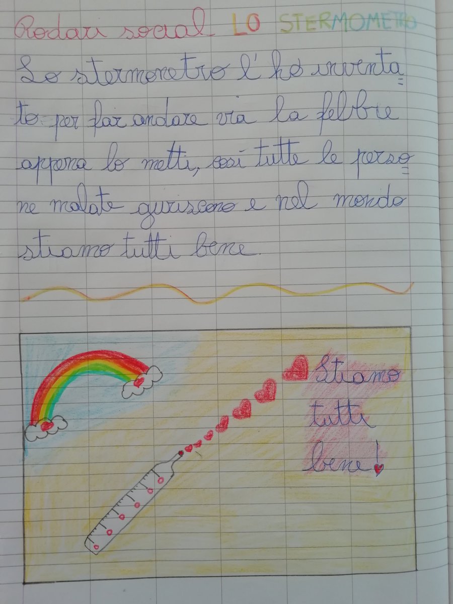 #Rodarisocial <a href="/ProfGrammaticus/">ProfGrammaticus</a> Lo stermometro l'ho inventato per far andare via la febbre appena lo metti, così tutte le persone malate guariscono e nel mondo stiamo tutti bene. Aurora Z.