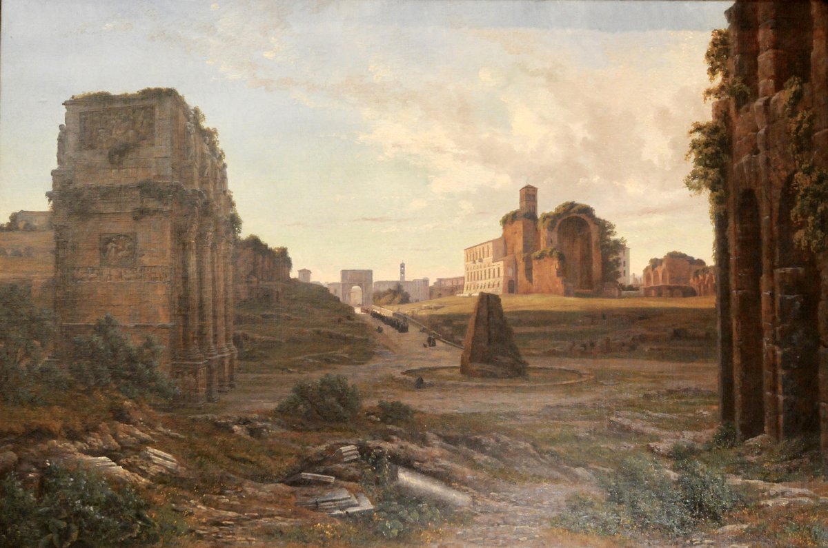 Thorald Læssøe painted this evocative view of the Meta Sudans in 1867, its remains now dwarfed by the Arch of Constantine and Colosseum. Looking east up the Via Sacra the Arch of Titus is visible in the distance.  #LostRome