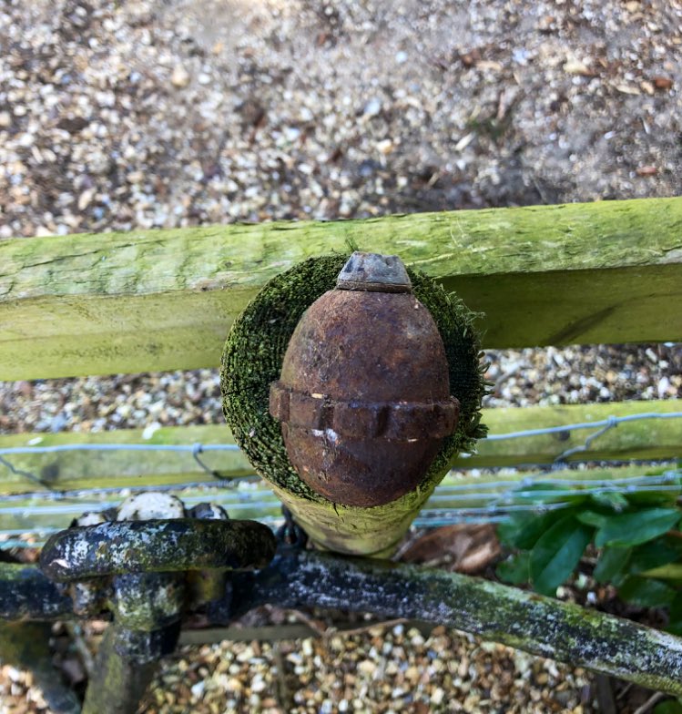 Peter_Henley's tweet photo. Have you been doing lock-down clearing out? Found anything? Alice Bubear from Beaulieu in Hampshire found a WW1 grenade 💣 in the gutter... https://t.co/RRBr6UQIuc