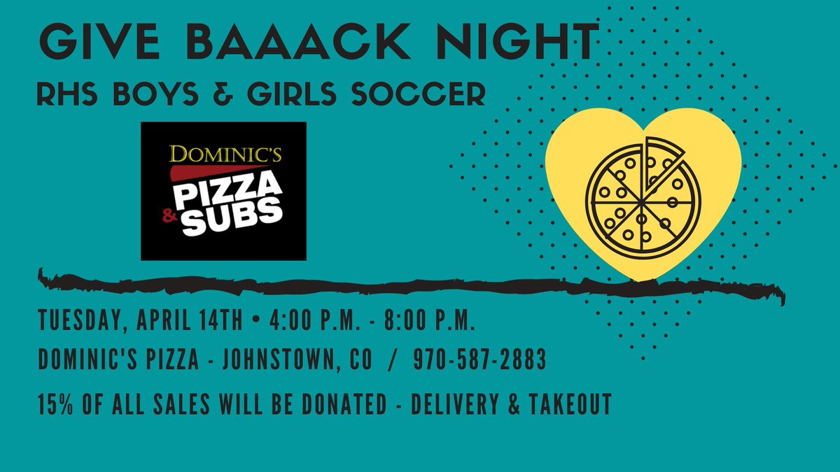 RHS boys and girls soccer will be hosting a fundraiser at Dominic’s Pizza on April 14 from 4-8 pm where 15% of sales will go back to the programs. Come out and pick up some great 🍕 to support RHS soccer and to help out one of our local sponsors! @weldre5j <a href="/Sports_RHS/">RHS Events</a> <a href="/t_fajardo/">RHS Soccer</a>
