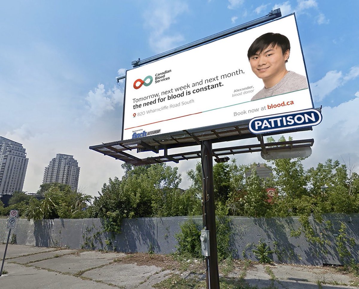 pattisonoutdoor's tweet photo. Our friends at #FinchAutoGroup have generously donated their booked billboard locations to the Canadian Blood Services in London, ON to highlight an important service during this time. #PowerOfPositivity #ComingTogether #FinchAutoGroup #canadaslifeline https://t.co/wN7CbekEb1