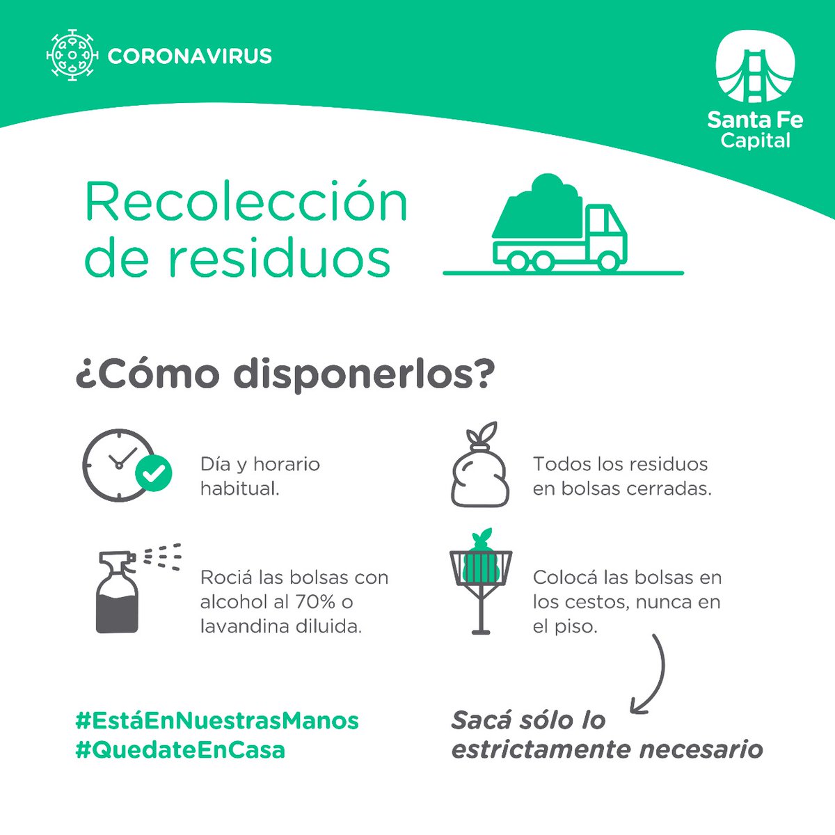 _SantaFeCapital's tweet photo. #Servicios 🚮 la recolección de residuos domiciliarios se realiza normalmente durante la pandemia.

👉Las bolsas deben ser rociadas con lavandina diluida y puestas en altura.

#EstáEnNuestrasManos https://t.co/vy32vTaXZJ