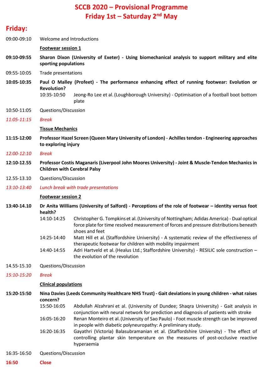 StaffsBiomech's tweet photo. Have you registered for #SCCB2020 yet? Here's the provisional program. We have tried to provide an inter-disciplinary range of topics. Looking forward to the discussions on #footwear #tendons #orthotics #markerlessmotioncapture & #diabeticfoot https://t.co/MajQb8H6MV