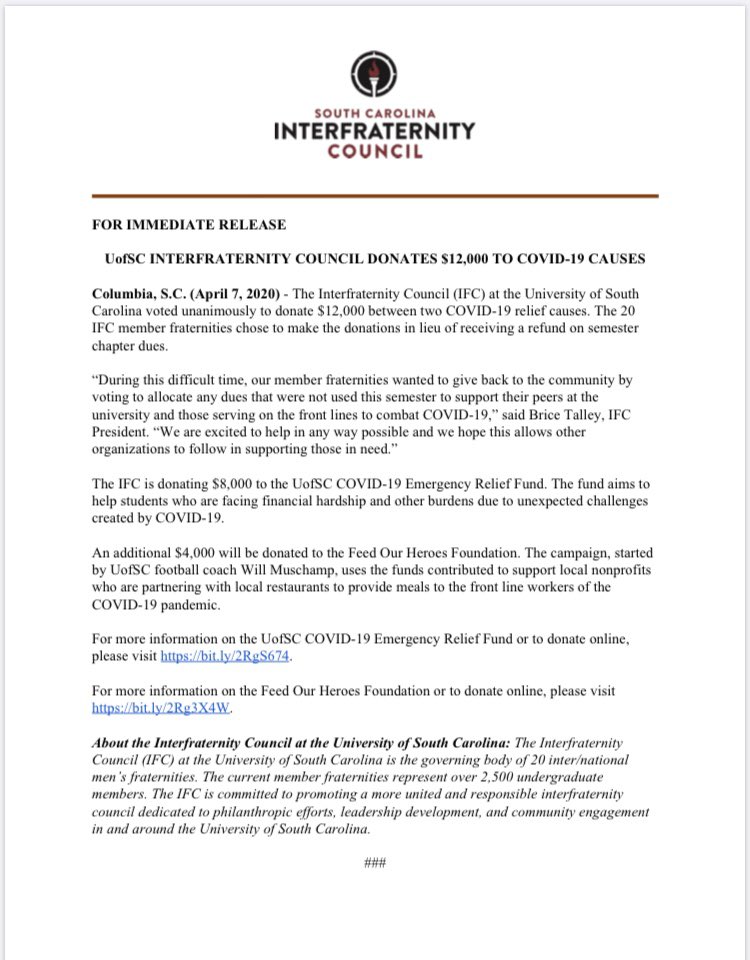 We are excited to be giving back to the University of South Carolina and the Columbia Community during these difficult times.