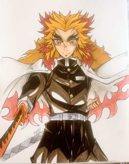 ぶんぶnさんがTwitterに投稿した煉獄杏寿郎(鬼滅の刃)のイラスト。