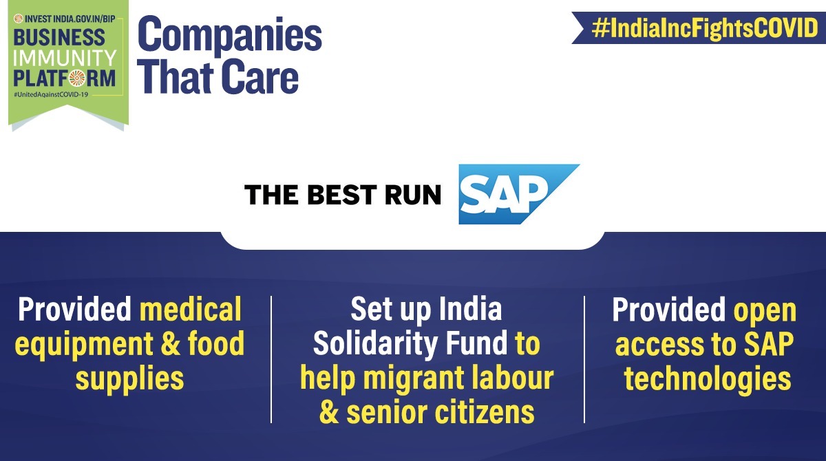#CompaniesThatCare
<a href="/SAPIndia/">SAP India</a> - Providing support to migrant workers, patients, senior citizens &amp; other COVID-19 affected communities. 
Visit bit.ly/II_BIP for similar updates. 

#TheBestRun #CoronavirusOutbreakIndia 
<a href="/PMOIndia/">PMO India</a> <a href="/SenguptaDebDeep/">Deb Deep Sengupta</a> <a href="/gangadharansind/">Sindhu Gangadharan</a>