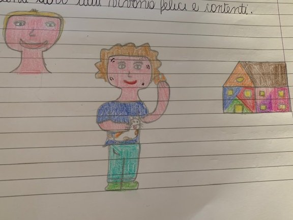 #RodariSocial Maria Sole F. "s-"
Questo è il paese dei matti, dove si incontrano persone buffe che sbuffano. Un vecchietto si spettina con il pettine, la sarta scuce i vestiti alle signore.
Questo è il paese dei sorrisi senza denti dove vivono tutti felici e contenti