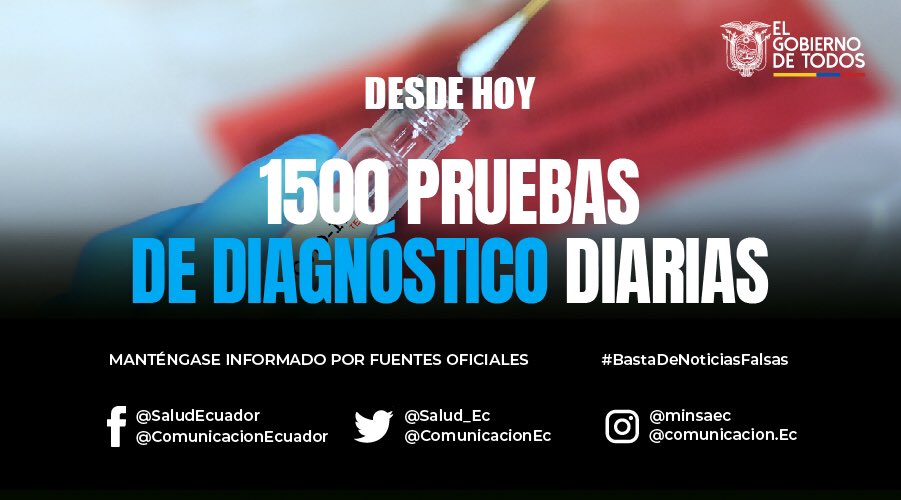 #NoticiaDelDía | Desde hoy se realizarán 1 500 pruebas de diagnóstico diarias de #Covid_19. 
¡#EcuadorUnido🇪🇨 para ganar esta batalla!

#QuédateEnCasa