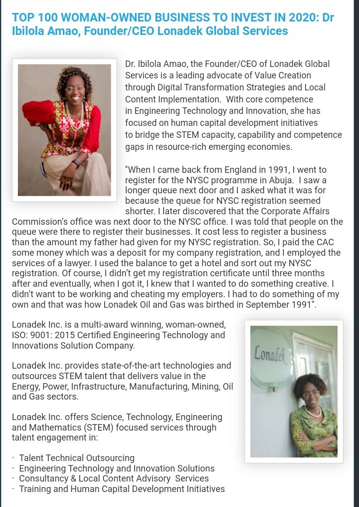 princesadams's tweet photo. Celebrating @LonadekInc Founder/CEO, Dr. Ibilola Amao as one on the leading women in Tech. 
https://t.co/JhlDH5lV2h https://t.co/8NXFoKjt4c