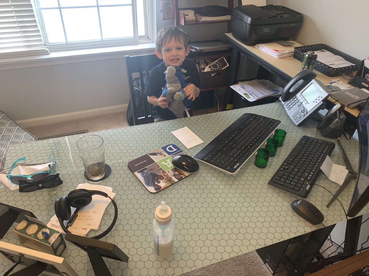 This little man is so excited to talk to his preschool classmates. He took over my desk 15 minutes early. #remotelearning > #remoteworking thanks to all the teachers still striving to create a community for these little bugs.