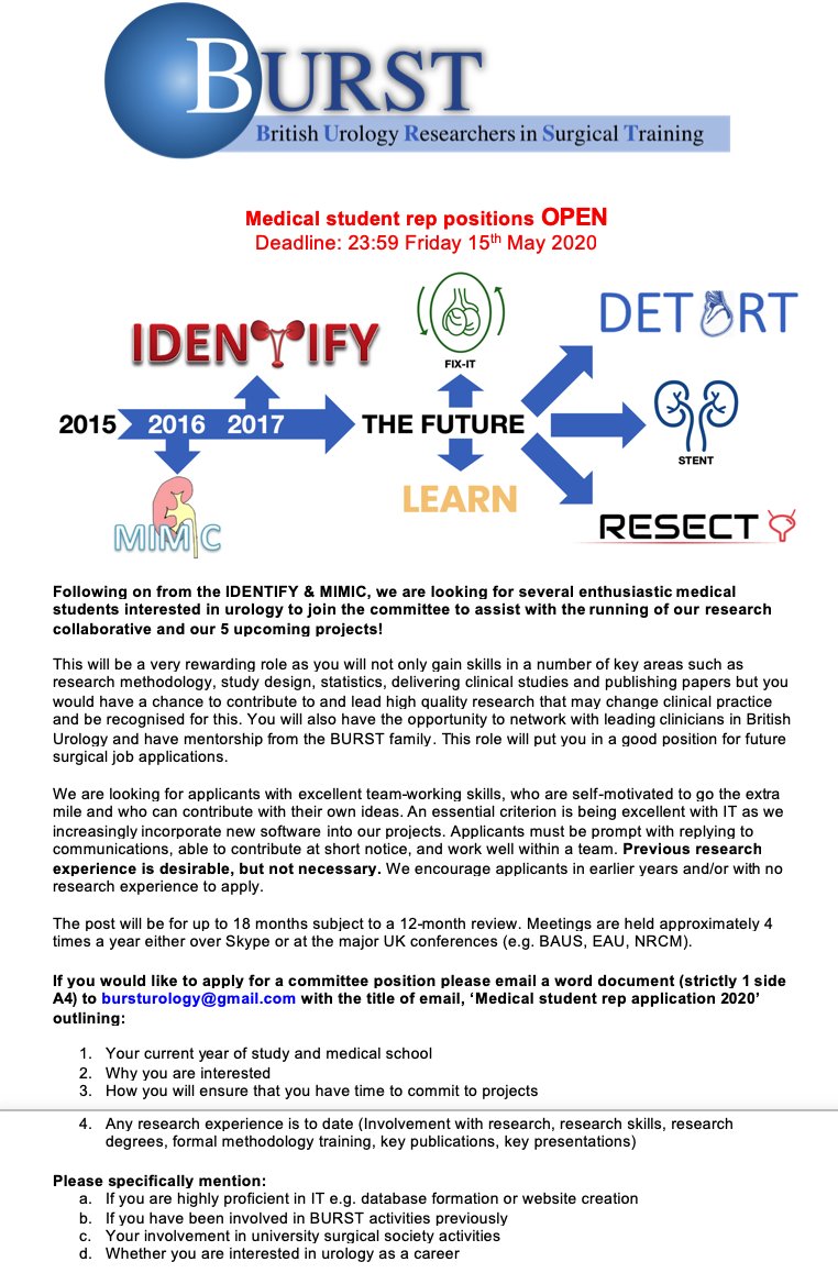 BURST are RECRUITING! As we are prepare to launch 5 new projects, we are looking for enthusiastic new members to join the team. Positions open for both  doctors *and* medical students. Pls see bursturology.com or email bursturology@gmail.com <a href="/BSoT_UK/">BSoT</a> <a href="/BAUSurology/">BAUS</a>