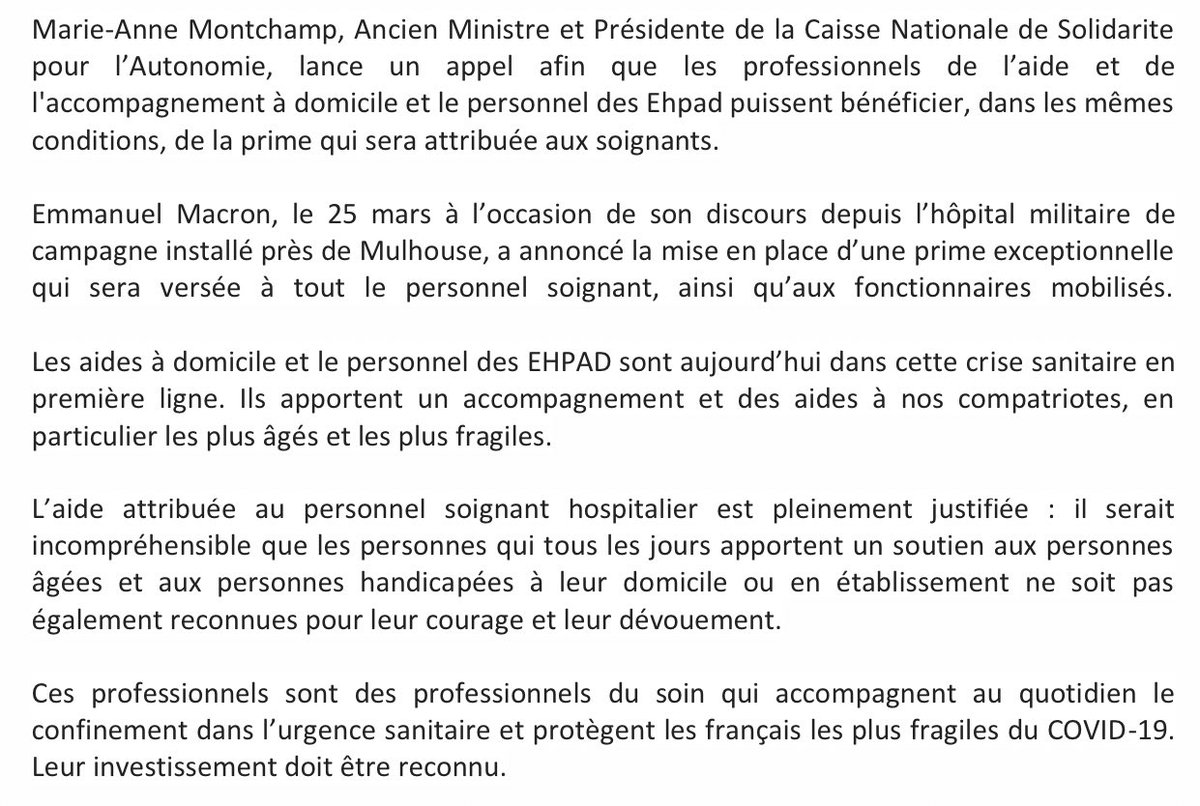 La prime exceptionnelle doit être attribuée à tous les professionnels de l’aide et de l’accompagnement des personnes âgées et des personnes handicapées, également mobilisés en première ligne pour protéger les français les plus fragiles #confinementjour23 #COVID19 #solidarite
