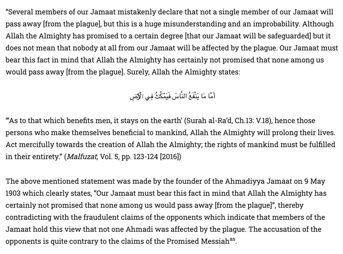 (5/7) It’s important to keep in mind that no death is recorded in the family of the Promised Messiah & Imam Mahdi عليه السلام nor among those who lived around him from the plague. From Noah's Ark pg 3:  https://twitter.com/DanJaww/status/1247261531550683137?s=20