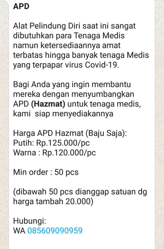 puarman's tweet image. Bagi Anda yg ingin menyumbangkan  APD (Hazmat) untuk tenaga medis, kami  siap menyediakannya.
WA 085609090959 @kp2c_info