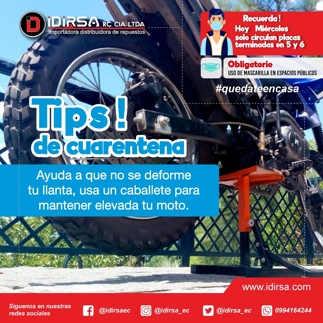 Idirsa_ec's tweet photo. #miercoles de tips para cuidar tu #moto en esta #cuarentena, muy importante si vas a salir recuerda usar tu #mascarilla, evita sanciones, hoy solo circulan placas terminadas en 5y6 no te arriesgues #ecuador #todoscontraelcovid19 #Covid_19 #deestasalimosjuntos https://t.co/UJyMujF4pE