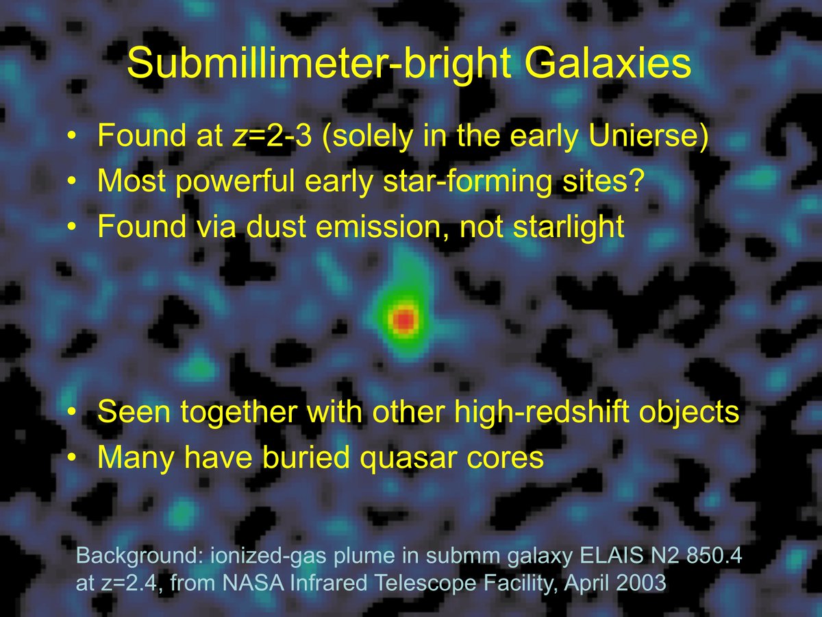 Dusty star-forming galaxies in early Universe have their IR emission from dust shifted to submm range; galaxies detected there are overwhelmingly powerful distant ones. ("No,  @astrocaits is the real expert")   #BeyondSolSys