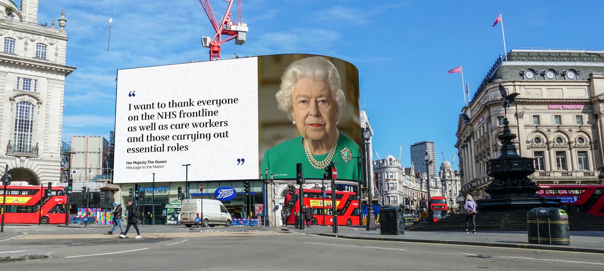 marcommnews's tweet photo. Excerpts from The Queen’s Message to the Nation appear on the world famous #Piccadilly Lights in London https://t.co/wpCRexELpH @RoyalFamily @OceanOutdoorUK #COVID19 #queensmessage https://t.co/hAlhglCisG