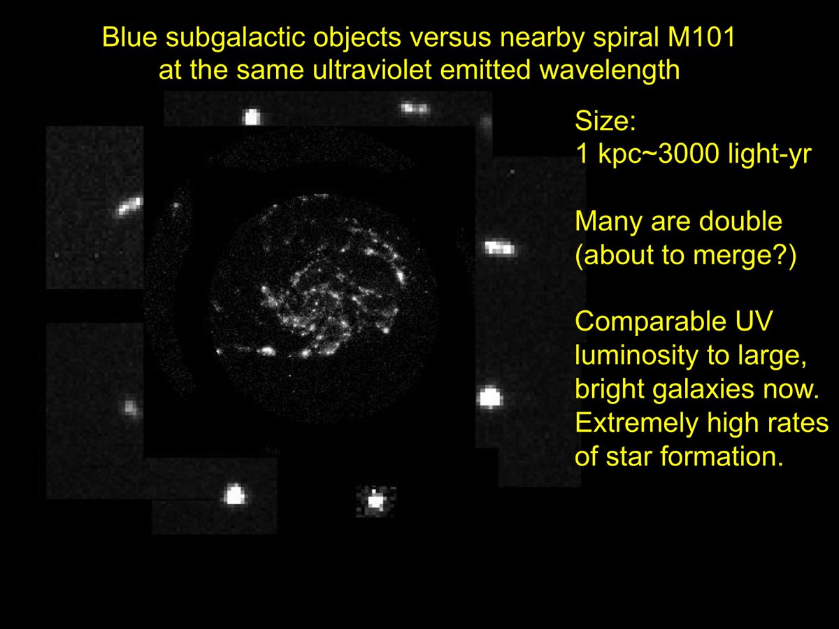 A population found almost solely in the early Universe: star-forming "subgalactic" objects, only a few thousand LY in size but forming more stars than our whole galaxy is today. Comparison: at same UV band, big spiral M101 versus a set of these.  #BeyondSolSys