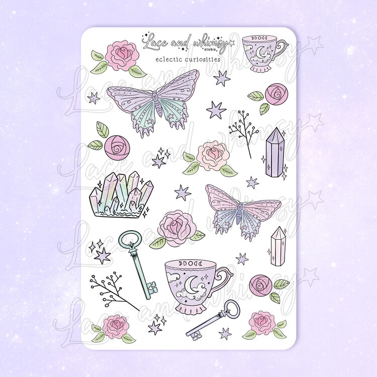 My sticker sheet themes tend to be dreamy, celestial, pastel, and witchy vibes! ✩ https://www.laceandwhimsy.com/the-sticker-shop?category=Sticker+Sheets