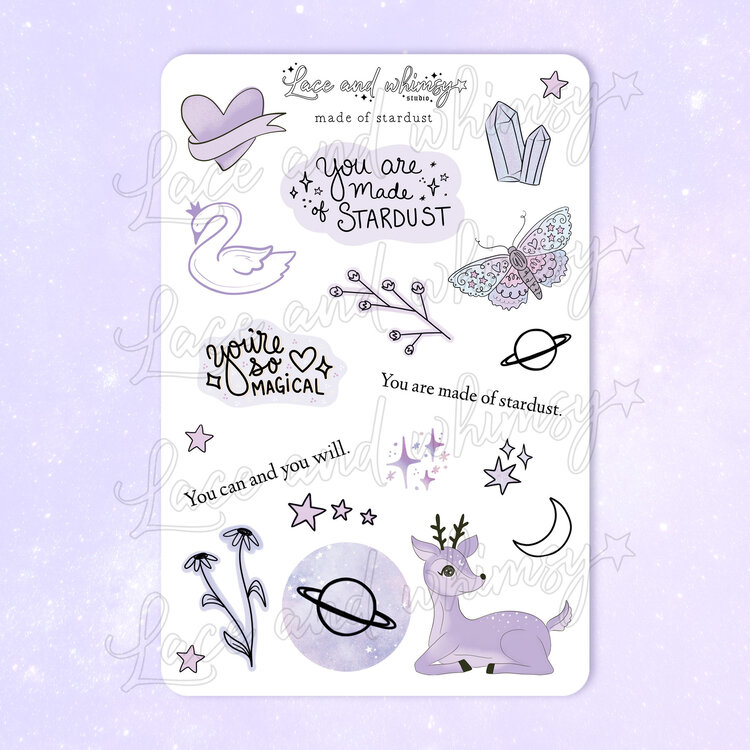 My sticker sheet themes tend to be dreamy, celestial, pastel, and witchy vibes! ✩ https://www.laceandwhimsy.com/the-sticker-shop?category=Sticker+Sheets