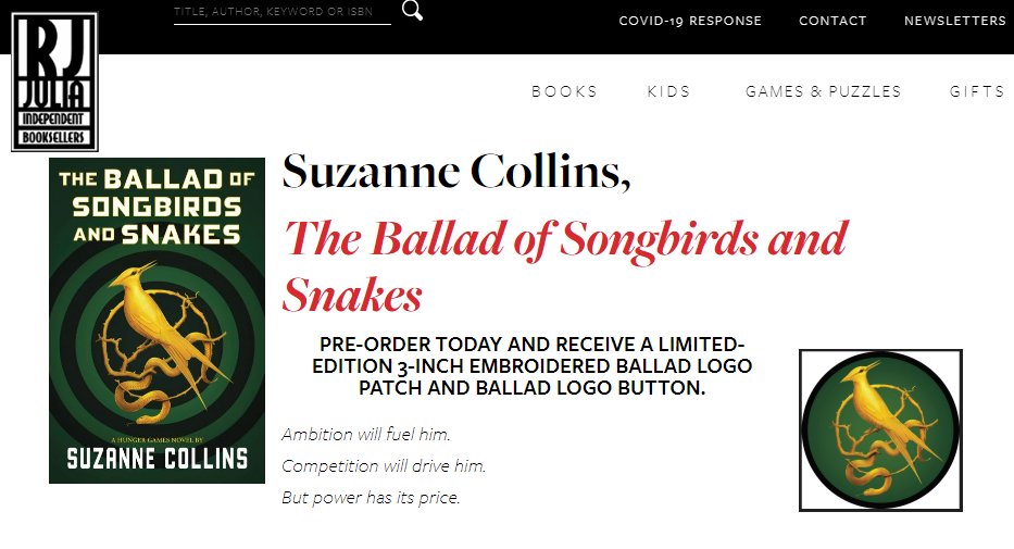 Over at  @rjjulia, you can preorder THE BALLAD OF SONGBIRDS AND SNAKES (the  #HungerGames Prequel) by Suzanne Collins and receive an embroidered Ballad logo patch and button here:  https://www.rjjulia.com/pre-orders-special-offers10/18