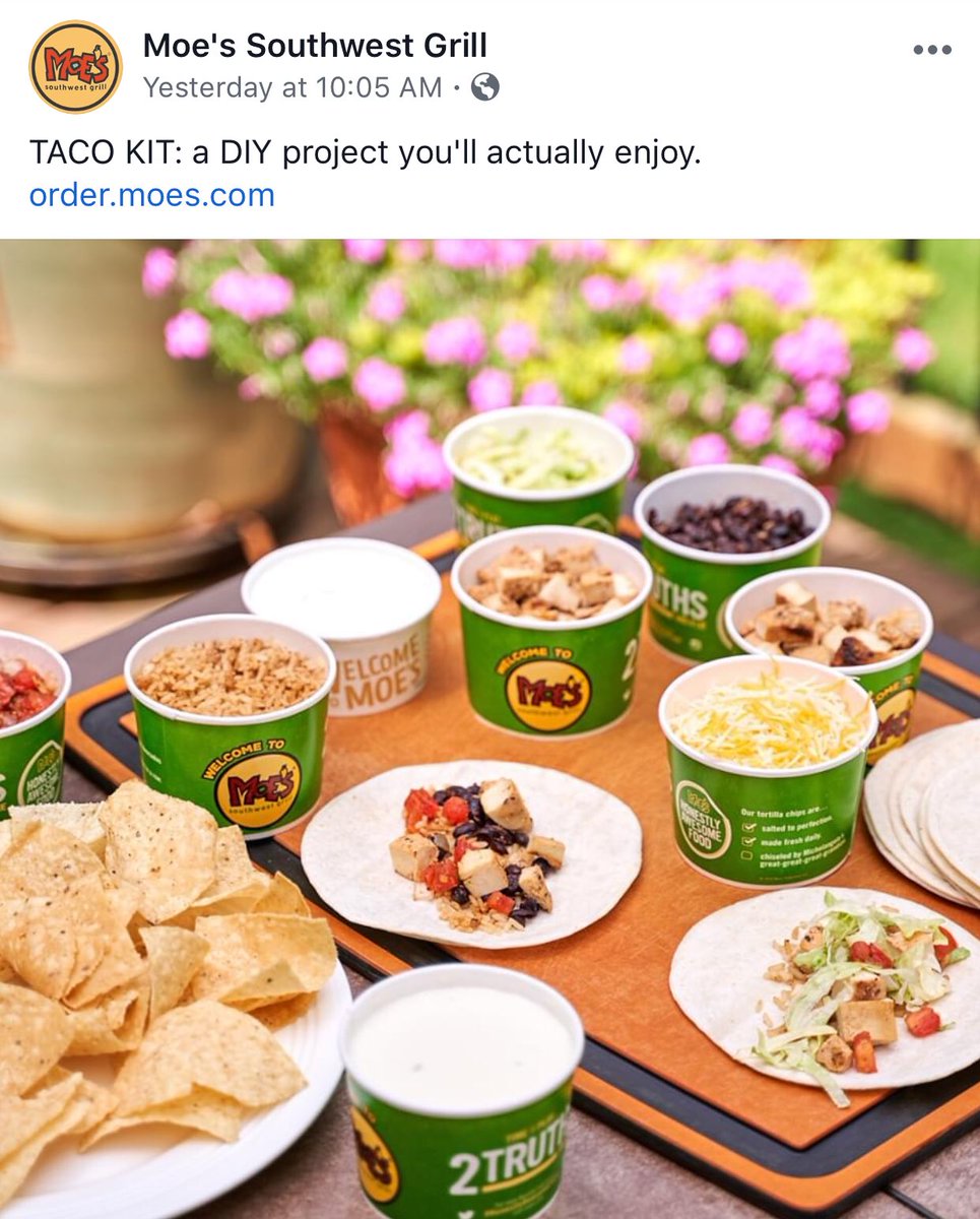 Moe’s is open for curbside pick-up, daily specials, and even meal kits! Take a break from cooking to enjoy some #queso!

#QuarantineCooking