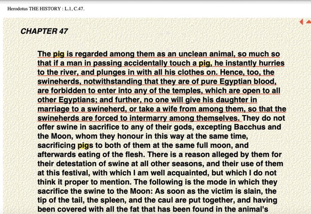 8/8 Muslims are well known for their the ,but where does that ORIGINATE from? In his “Histories” Herodotus writes about how the ancient Egyptians regarded the Pig as FILTHY, not to be touched. Swineherds were forbidden to enter the temple.Thousands of years before Islam 