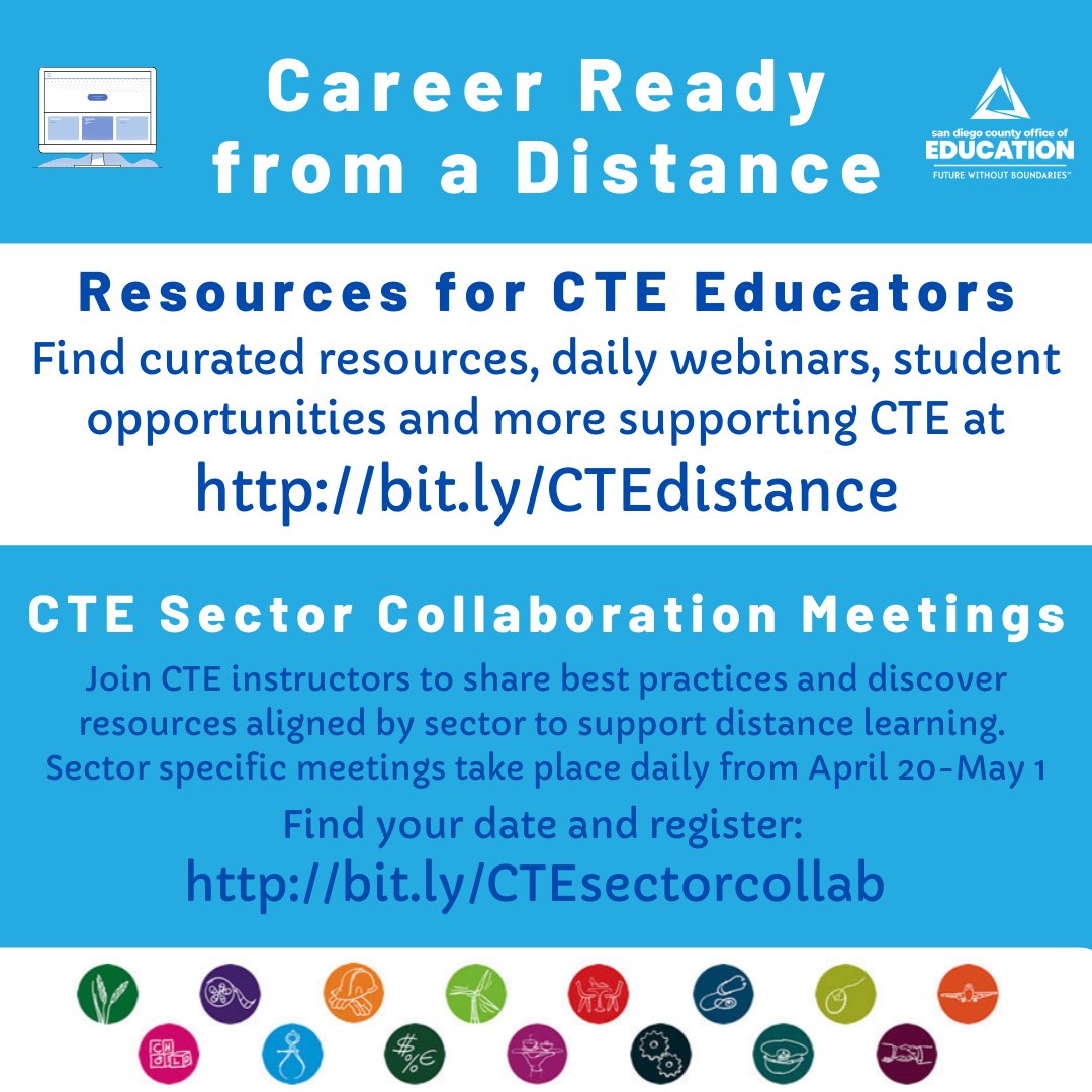 Registration for CTE Sector Collaboration Meetings is live! Join CTE instructors within your sector to share resources and best practices to support distance learning specifically in your industry sector. See bit.ly/FlierCTEsector… for the schedule!