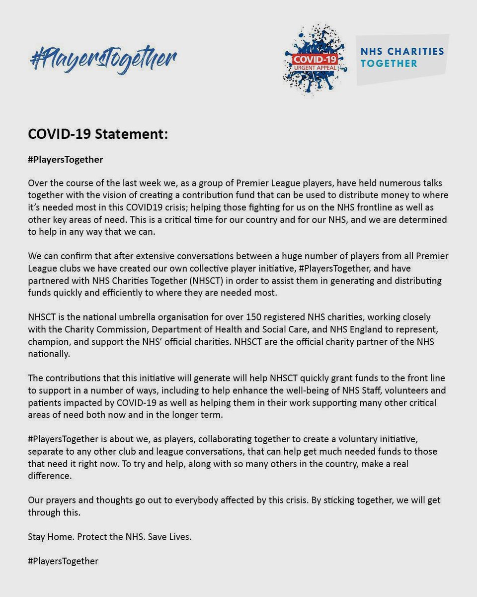 City_Xtra's tweet photo. OFFICIAL: Premier League players have confirmed they have formed their own collective player initiative, #PlayersTogether, and have partnered with NHS Charities Together [NHSCT] in order to assist them in generating and distributing funds quickly and efficiently.

Full Statement: https://t.co/NdBBIhzwAU