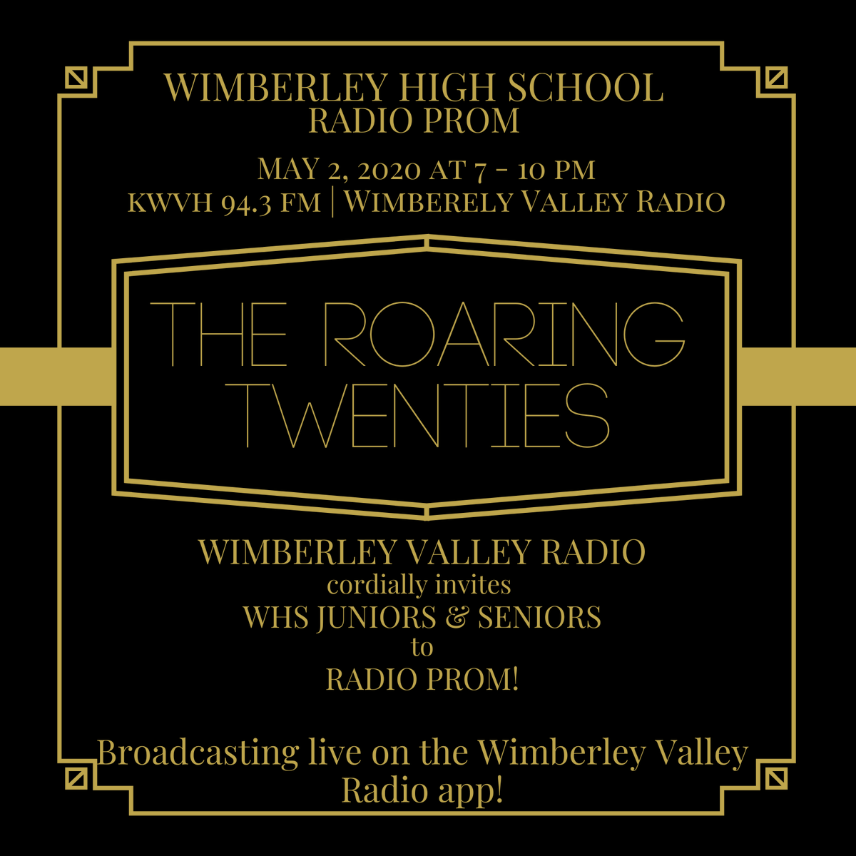 WHS_PromPlanner's tweet photo. WHS Juniors &amp; Seniors: Wimberley Valley Radio invites you to a Radio Prom on May 2, 2020 from 7-10 pm.  We know this can’t replace the real thing but we hope to at least bring you a night to remember. Stay tuned here for MORE EXCITING DETAILS! https://t.co/RZNHWy2E5b