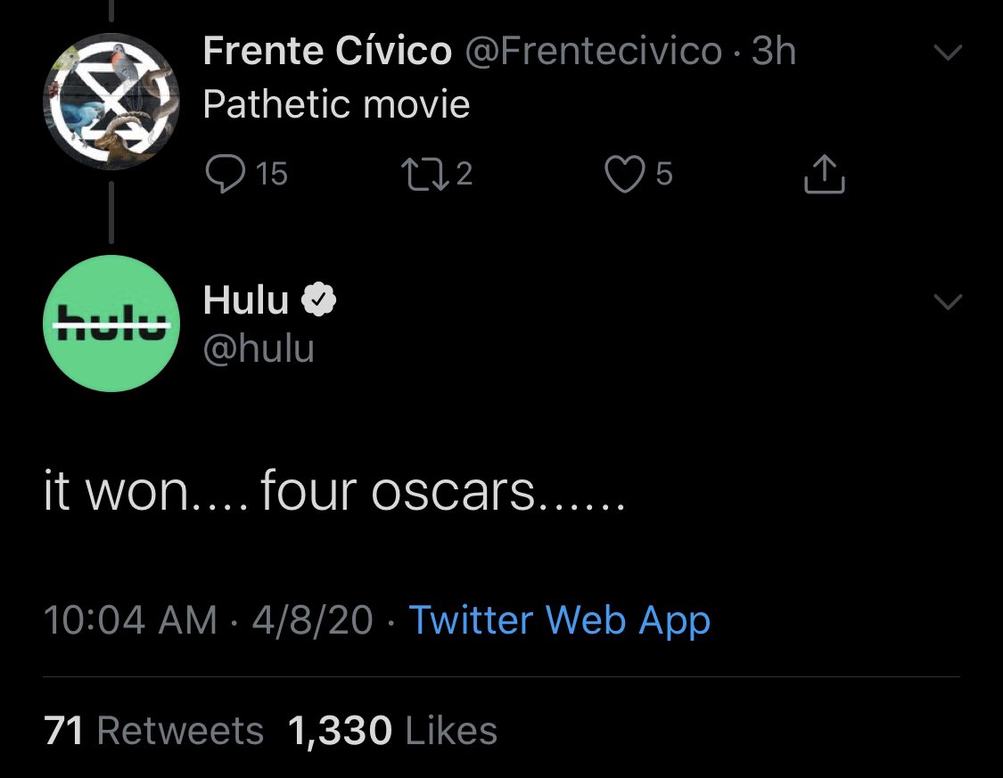 hulu is out here absolutely wrecking kids who are mad about parasite and not to be childish but I AM 100% HERE FOR IT