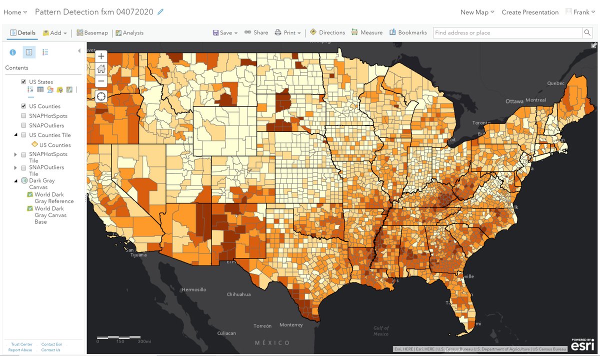 DataDrivenMind's tweet photo. Working to complete course on #Spatial #DataScience by @Esri - Graphic shows an analysis of pattern detection for SNAP participation by US Counties.

#Esri #SpatialDataScience #ArtificialIntelligence #AI #MachineLearning #ML #Analytics #DeepLearning #NeuralNetworks https://t.co/TW72bpBStp