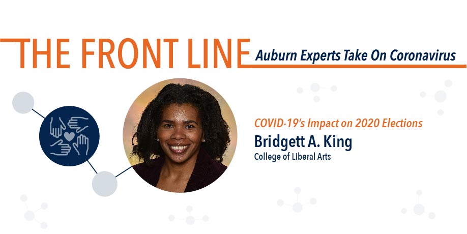 AuburnU's tweet photo. 🗳️How is the current situation involving COVID-19 already impacting this year’s elections?
#Auburn professor Bridgett A. King offers her thoughts. #WarEagle
➡️Her #ExpertAnswer: https://t.co/VHvUUEEzrM #ExpertAnswers https://t.co/vPiGbG2dDw