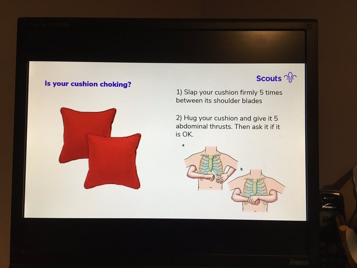 1stAstwoodBank's tweet image. ‘Is your cushion choking?’ Tonight #Scouts started work on their Emergency Aid badge. We are now prepared for all soft furnishing emergencies! #ScoutAtHome #VirtualScouting