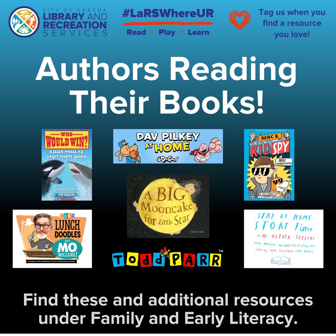 coronalibrary's tweet photo. How cool is this? 😎 You can join your favorite authors online as they read their books 📚 and even give drawing ✏️ lessons! Find the links and additional resources under Family and Early Literacy. https://t.co/QHdzPR70c9
#LaRSWhereUR #coronalars #coronapubliclibrary https://t.co/hWviTf47U3
