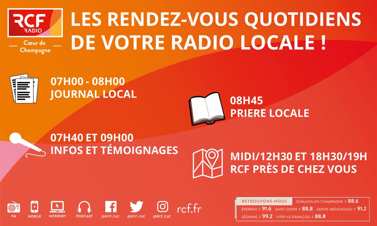 📻 Jeudi sur @RCF_CdC :

⏰ 7h/8h : Journal local avec @christopher_rcf

⏰ 7h40/9h : Infos/Services

⏰ 8h45 : Prière locale

⏰ MIDI : RCF Près de chez vous avec <a href="/JaouedSaoudik/">Jaoued Saoudik</a>

⏰ 18h : Office de la Cène avec <a href="/MgrTouvet/">MgrTouvet</a>, évêque du <a href="/DioceseChalons/">Diocèse de Châlons</a>

🎧 rcf.fr/radio/RCF51Lep…