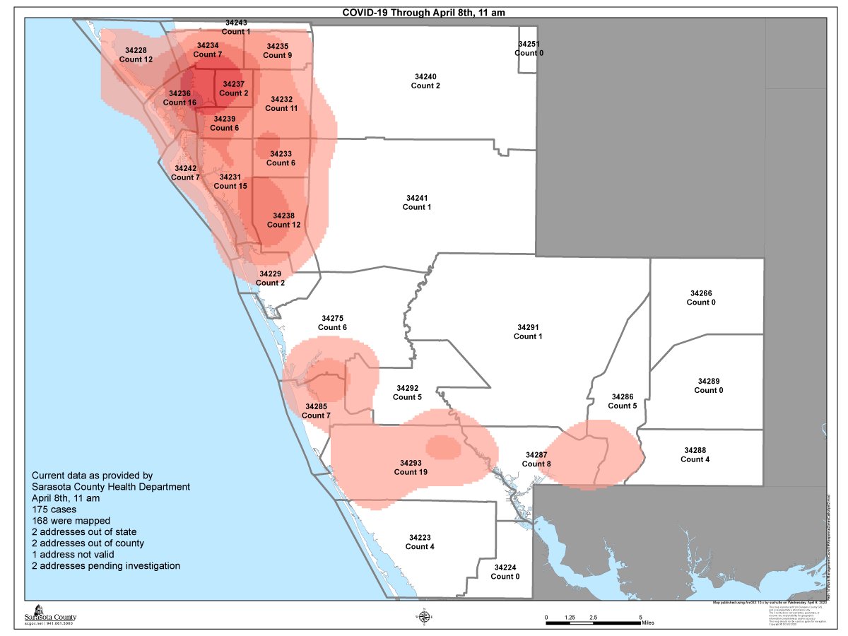 scgovEOC's tweet photo. As of 11 a.m. April 8, here's where #SRQCounty COVID-19 cases have been detected in the county. The legend represents total confirmed resident cases by zip code. Find more info at the DOH dashboard https://t.co/85r5jOWgLO. More local info is at https://t.co/uwEUPuYKHv. 
#COVID19 https://t.co/zrMCSm5b7j