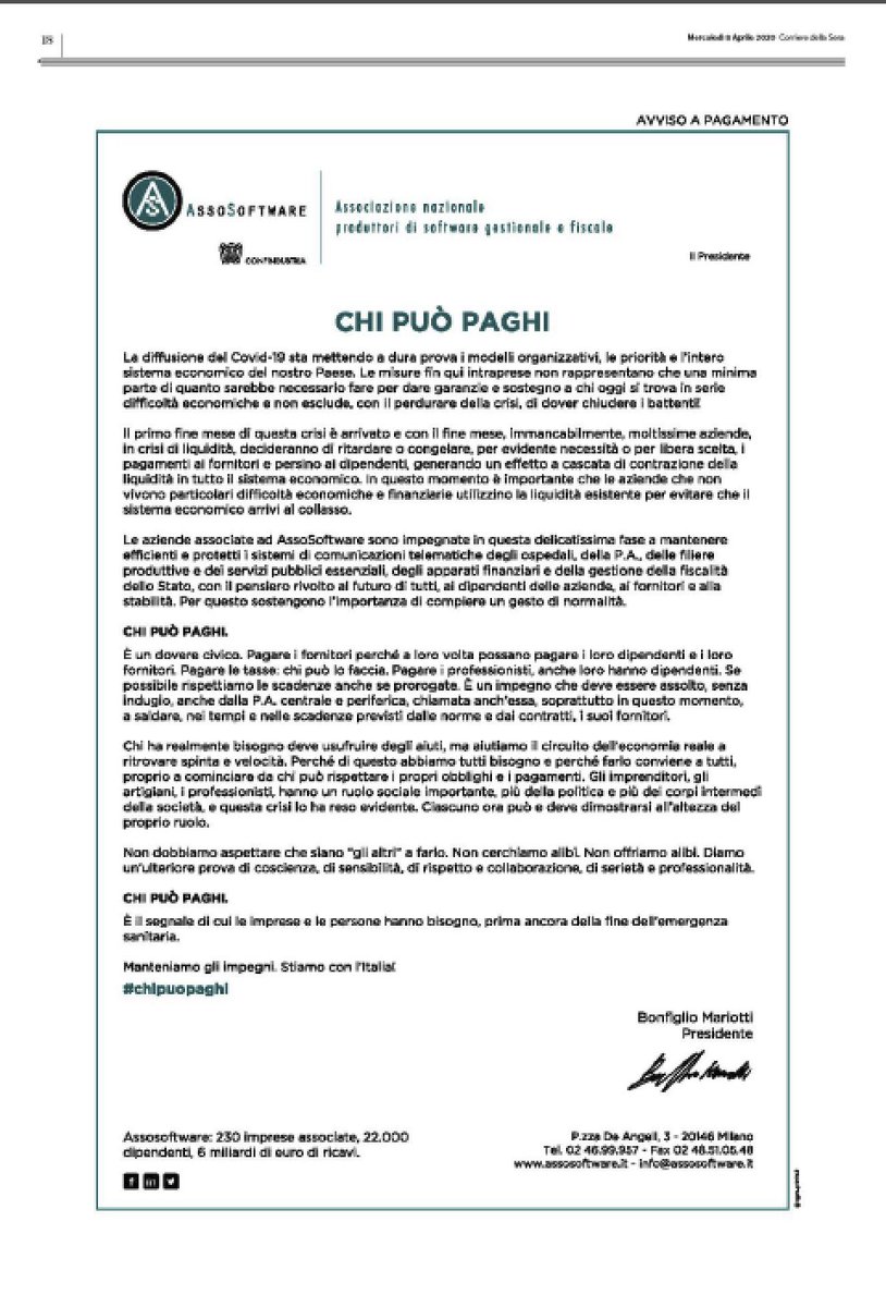 Assosoftware's tweet image. Oggi sul Corriere della Sera, la nostra lettera aperta #Assosoftware #ChiPuoPaghi