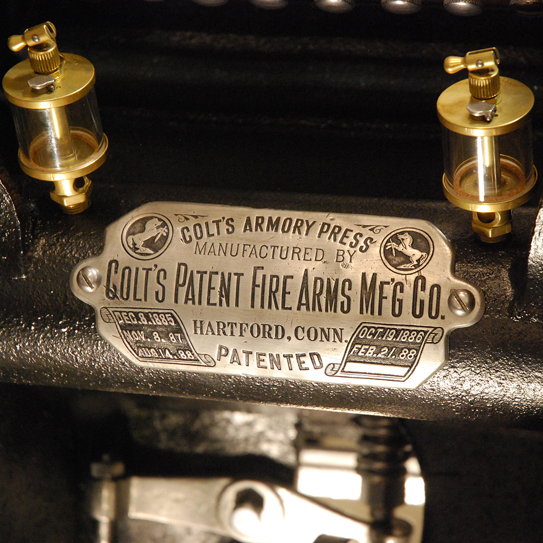 HowardIronWorks's tweet photo. The #ColtsArmory press was so ideal, still being used today primarily for #Diecutting. Ours was made ca 1888 at Colt's Patent Firearms Manufacturing Company. Displayed with an 1887 Colt's #Thunderer pistol made at the same factory in Hartford, CT. https://t.co/yxr7roDSUk
