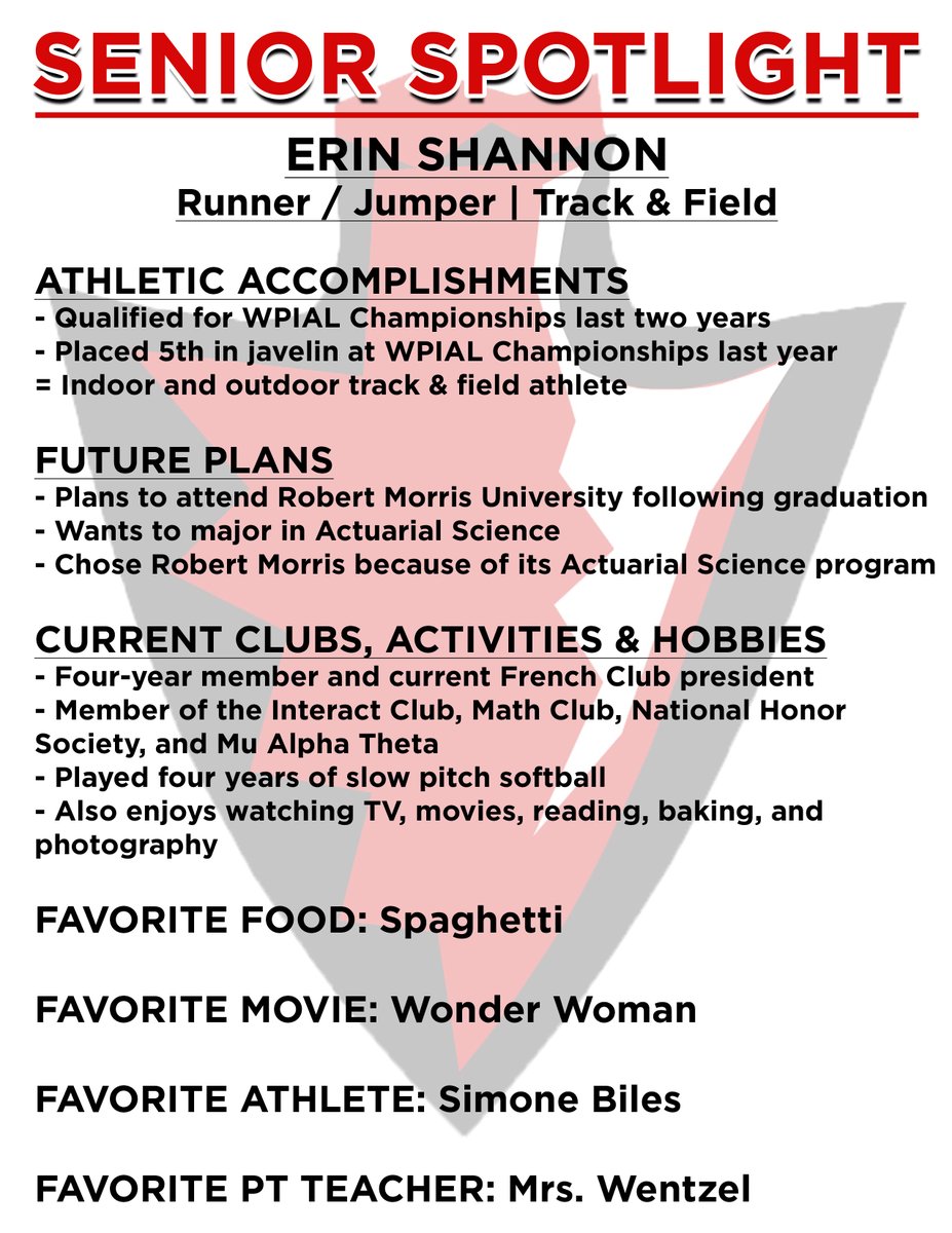 Today we spotlight Erin Shannon, a senior track &amp; field athlete.  Erin excels at throwing javelin and plans to attend Robert Morris University next fall.  Her full profile appears below.