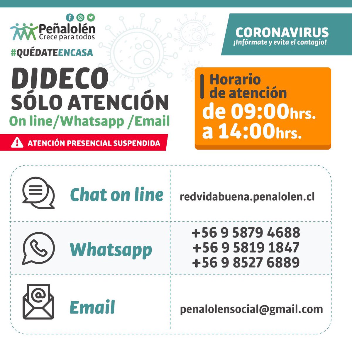 📲 Tenemos un equipo reforzado de asistencia social, ocupa estos canales y ojo con entregar datos a personas que no son funcionarios (hay que cuidarse del cuento del tío 👀)