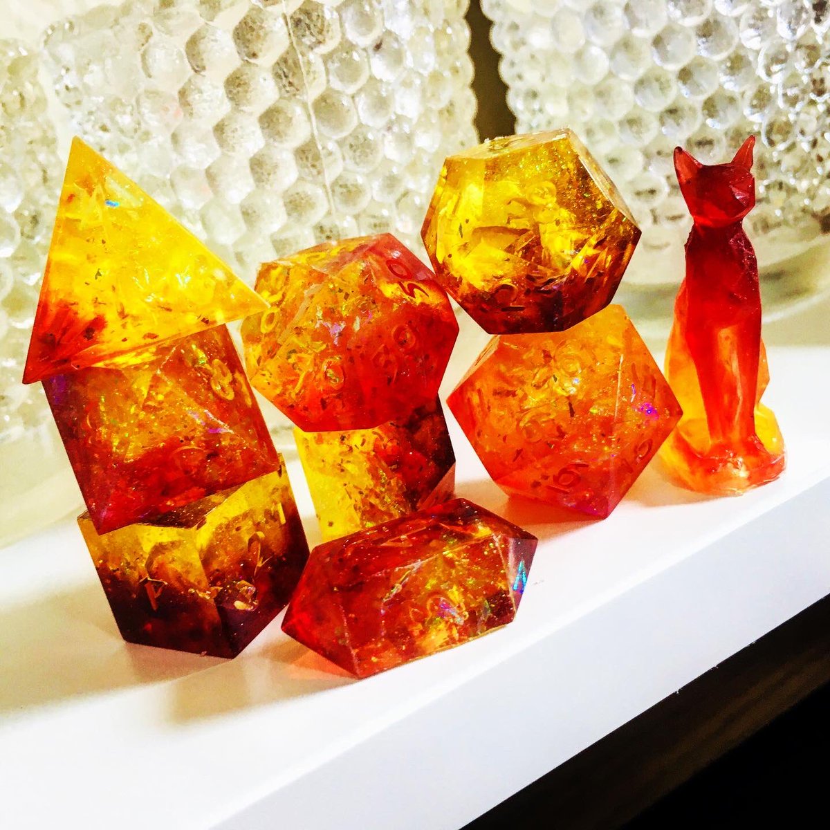 Is it getting hot in here? I love developing new designs. 🔥 #sneakpeek 👀 #Ra #resinart #diceporn #dicemaking #handmadedice #dungeonsanddragons #dicecraft #touchstonedice