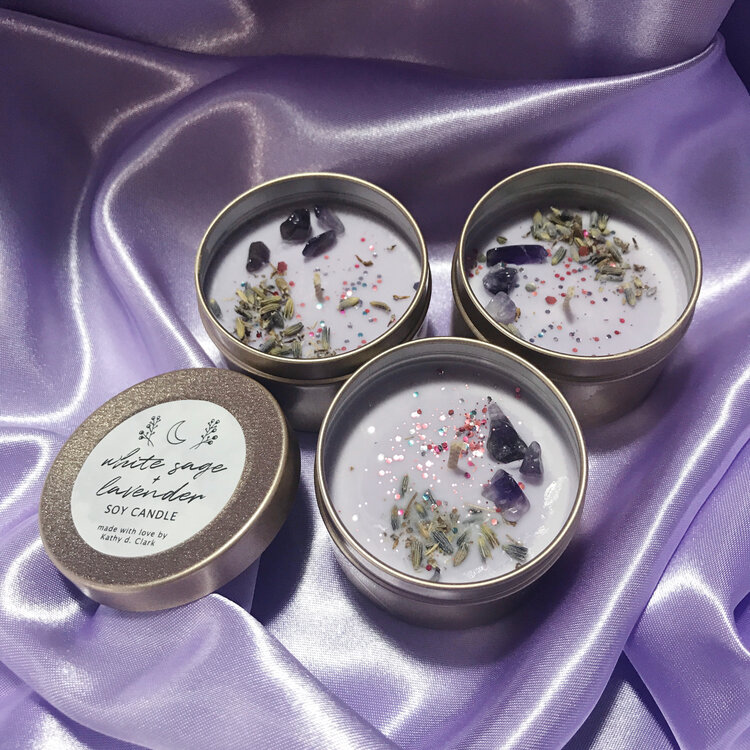 I create various scented soy candles, crafted in small batches and lovingly adorned with magical toppings, such as dried botanicals, crystal pieces, and eco-friendly biodegradable glitter! ✩ https://www.laceandwhimsy.com/candles 