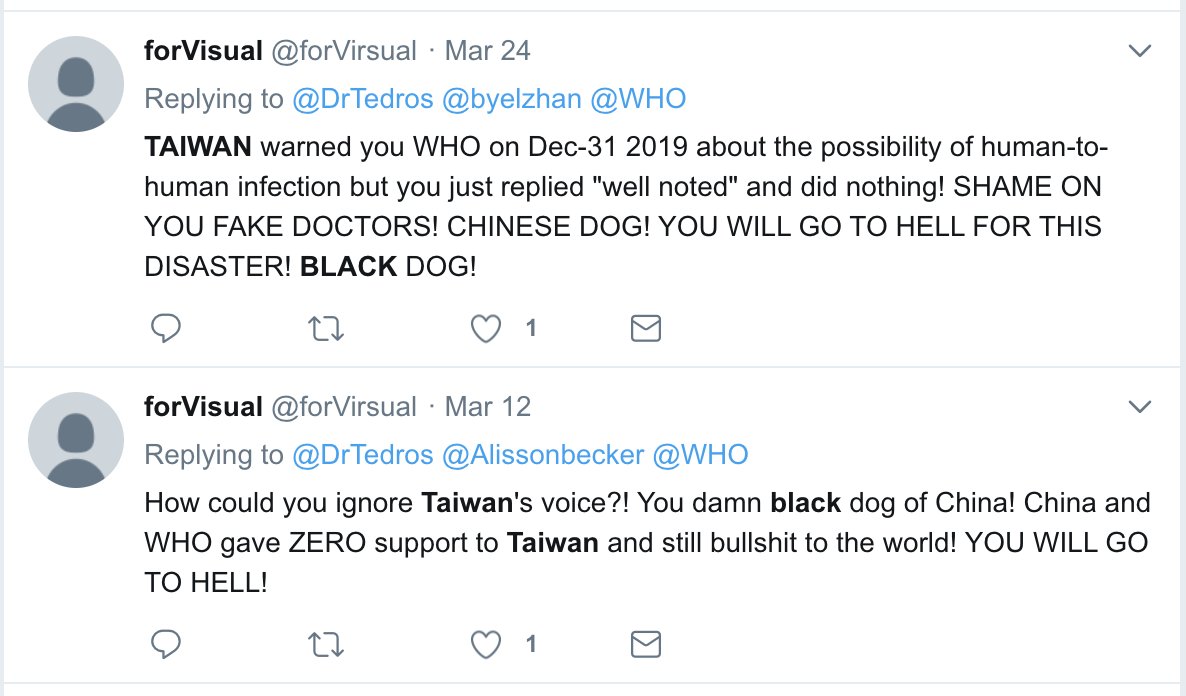 Another from mid-March (3 months ago was early January before *anyone* was criticizing the  @WHO's approach to  #COVID19). The anon acct is aggressively pro-Taiwan but a) has never Tweeted independently (only replied) & b) was started in 08/2012 but never Tweeted until 02/20/20 4/