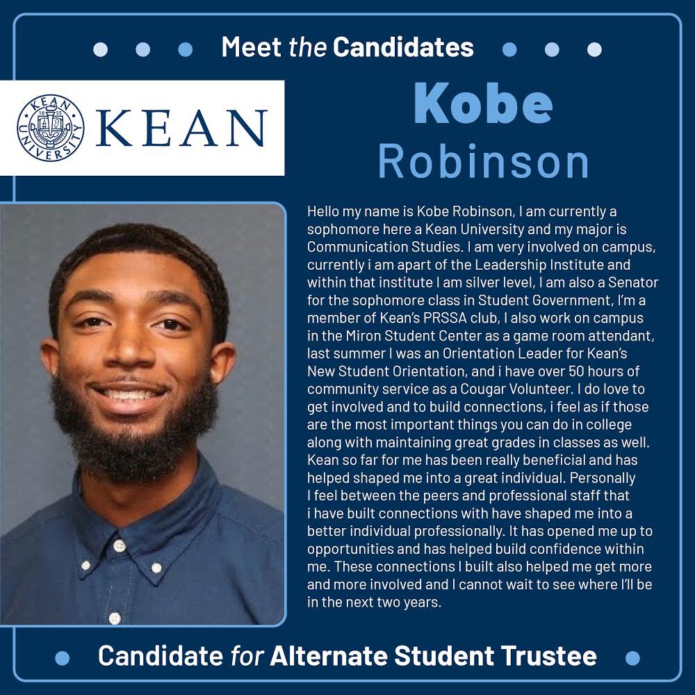 There are 4 candidates running for <a href="/KeanUniversity/">Kean University</a> Alternate Student Trustee: 
🗳Jeremy Gusset
🗳Sierra Herman
🗳Novena Petryk-Cordi
🗳Kobe Robinson
Voting starts 9am 4/13 until 2pm 4/16 on Cougar Link. Learn more about the candidates &amp; vote! Details at kean.edu/student-electi…